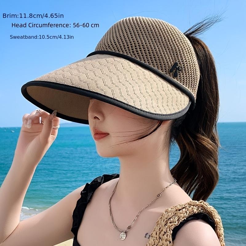 Summer wide-brim sun hat, ponytail hole design, breathable mesh, lightweight for beach vacations.