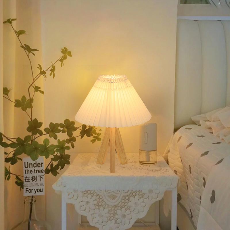 ZK50 LED E27  Light Source Not Included  Bedroom Solid Wood Bedside Table Lamp Retro Pleated Decorative Room Lighting Table Lamp