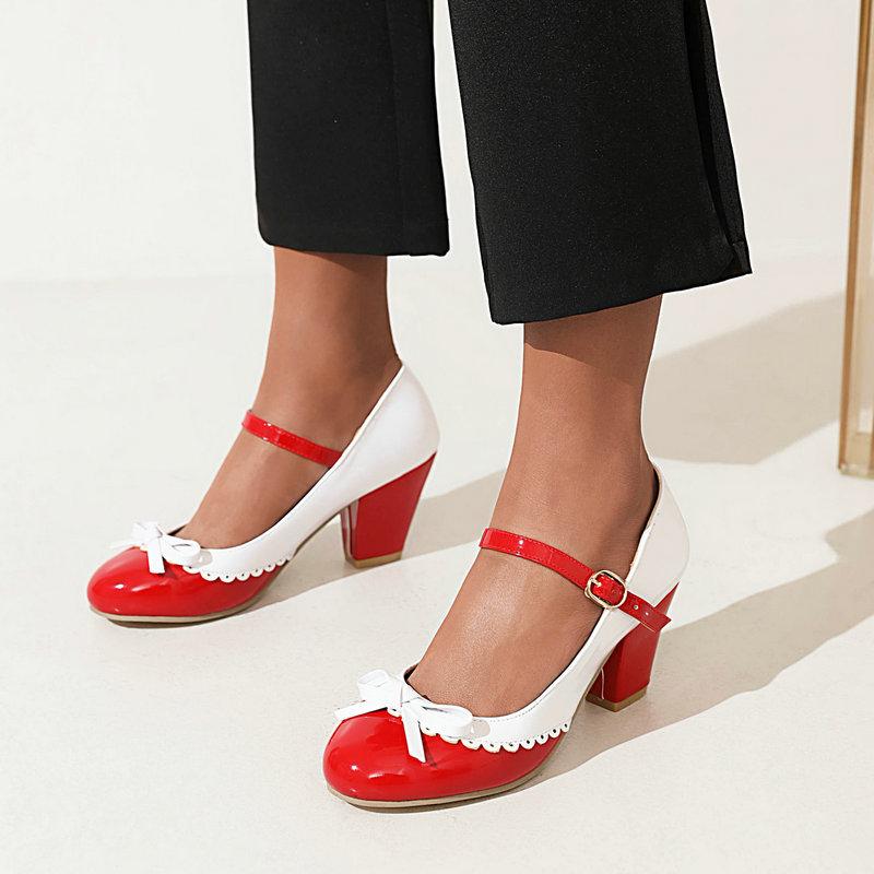 Size 32-48 Girls High Heel Lolita Shoes Woman Patent Leather Cute Bow Mary Jane Pumps Bride Wedding Party Shoes Red Pink Black