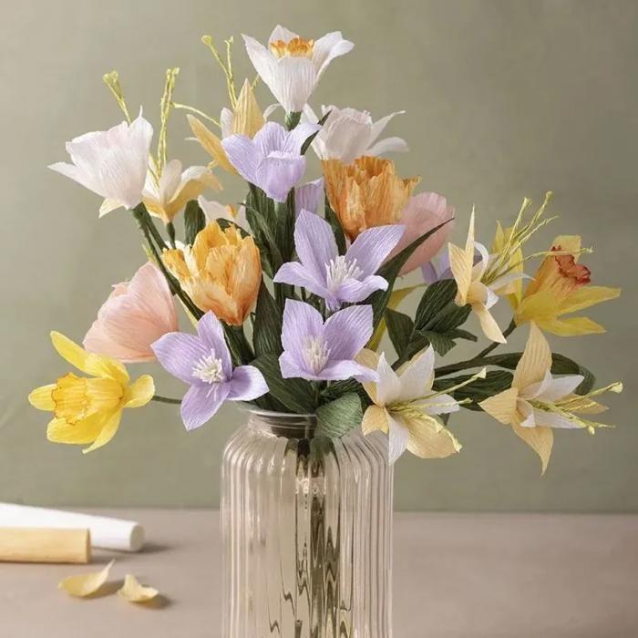 Kit DIY Papier Crépon - Bouquet Printanier - Couleur Blanc - Pour Adultes - Mixte