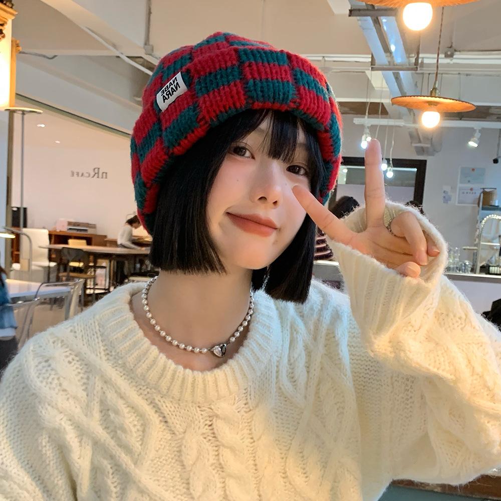Chessboard Knitted Hat Women's Autumn and Winter Niche Big Head Circumference Wool Hat Showing Face Small Christmas Hat