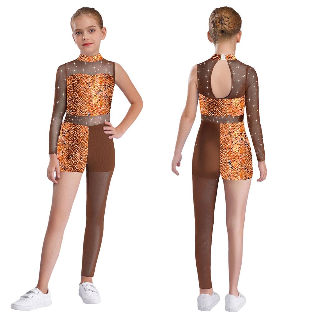 Girls Stage Performance Bodysuit: Choose Star, Leopard or Snakeskin Print with Shiny Rhinestones & Sheer Mesh Panels