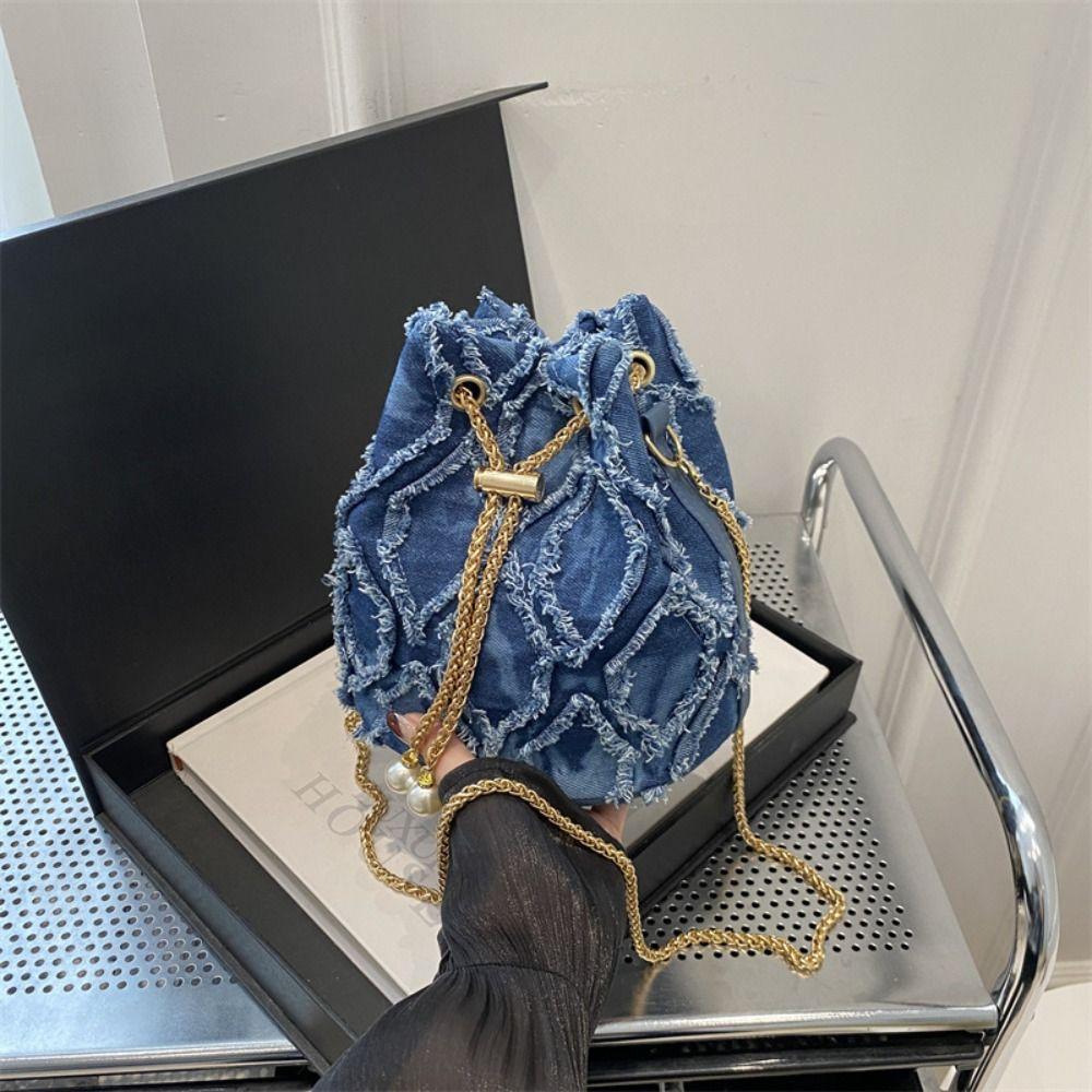 Chain Tassel Denim Crossbody Bag Handbag Cloth Shoulder Bag Elegant Denim Bucket Bag Wedding