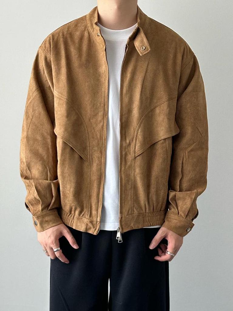 Retro Stand Collar Harrington Jacket for Couples – Solid Color, Loose Fit, Casual Bomber Style