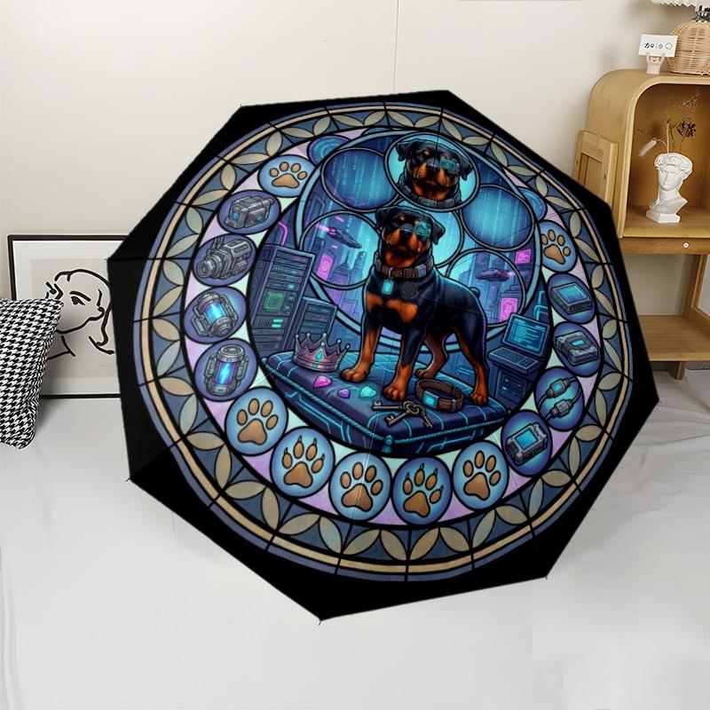 Cybernetic Canine Crown pattern umbrella, portable and foldable design, 8 ribs, a casual accessory for Halloween, Christmas, and birthday gifts.