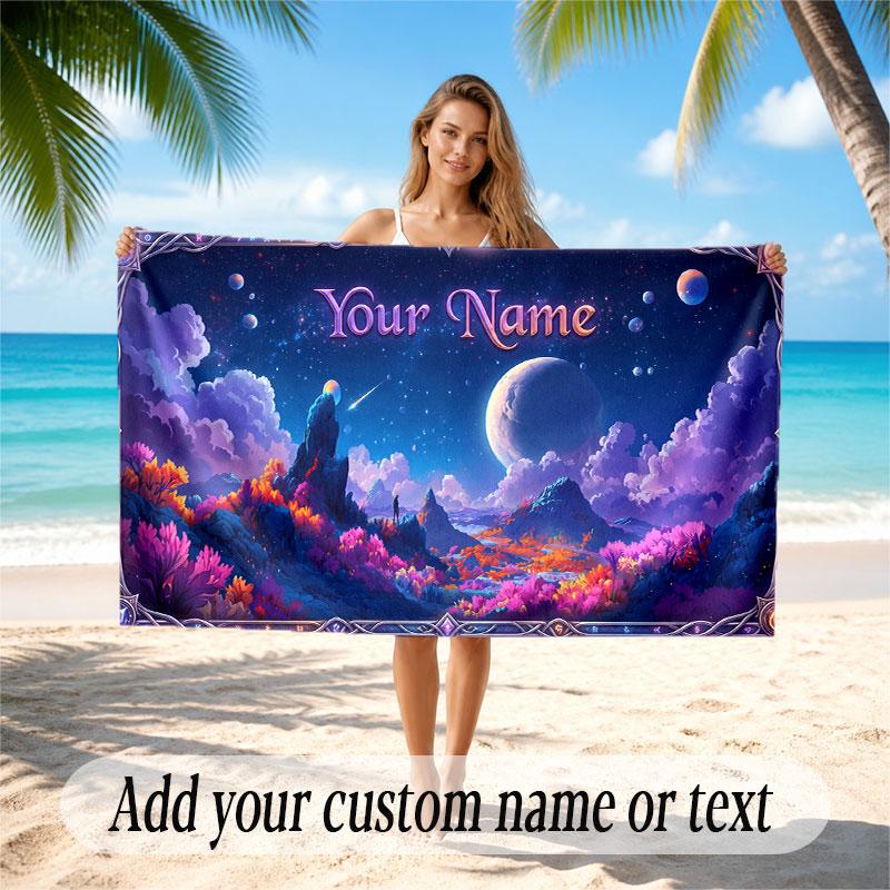 Space Cosmic Theme Soft Beach Towel Personalized Custom Name Text Towel Portable for Beach Pool Travel