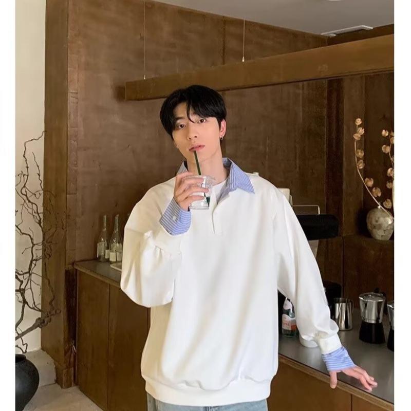 Men's American Minimalist Retro Two-Piece Style Sweatshirt: Autumn Loose Casual Preppy Long-Sleeved Top with Shirt Collar.