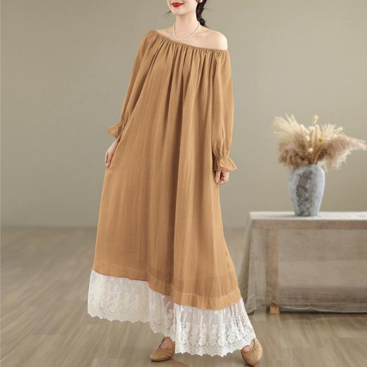 New French Style Oversize Off The Shoulder Dress Patchwork Lace Sweet One Neckline Slim and Long Look