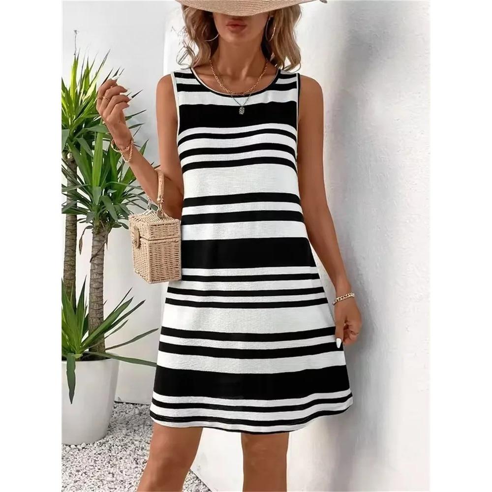 Striped Print Dresses Summer Elegant Fashion Loose Sleeveless Dress Casual Comfortable Soft Breathable Women Mini Dress