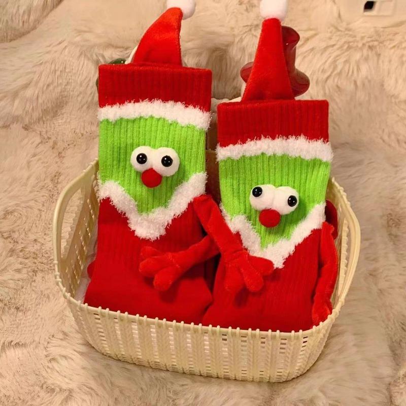 Female Autumn and Winter Cartoon Lovely Christmas Holding Hand Tube Cotton Socks