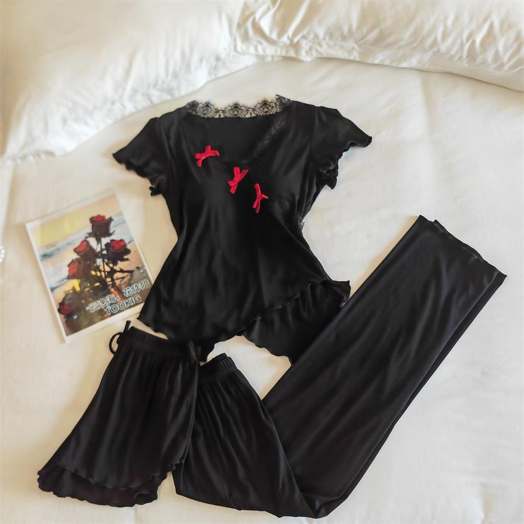 Women's Modal Pajama Set: Short-Sleeved with Built-in Bra, Includes Shorts and Long Pants for Spring/Summer