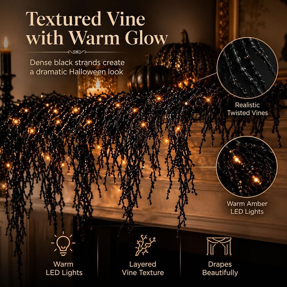Halloween Fireplace Decor Set with LED Lights Black Vine Garland for Mantel, Table, Stair, Home, Window & Spooky Party Decor, Gift Decor for Home