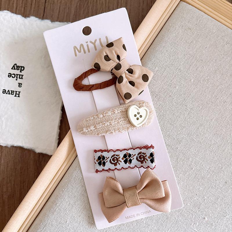 4pcs/set Beige Coffee Color Elegant Hair Clip for Young Kids Sweet Retro Floral Bow Children Barrettes Cute Hair Accessories