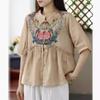Johnature Women Embroidery Floral Vintage Shirts Tops Stand Half Sleeve Blouses