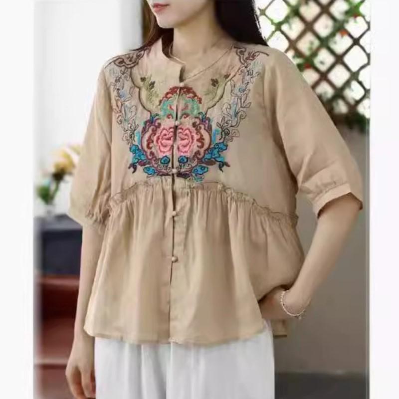 Johnature Women Embroidery Floral Vintage Shirts Tops Stand Half Sleeve Blouses