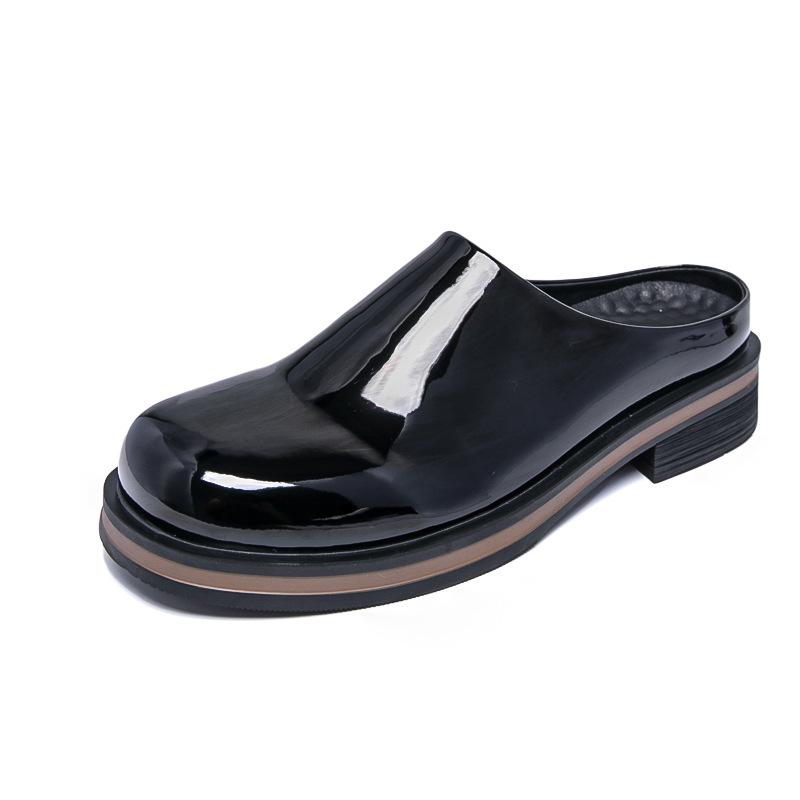 Summer half slippers men's one-foot platform leather shoes glossy patent leather Korean version trendy big-headed Boken slippers
