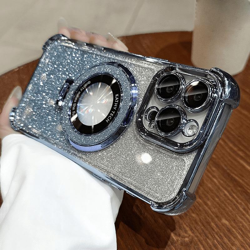 Luksus Plating Magnetisk Holder Glitter Deksel for iPhone 17 Air 16 15 14 13 12 11 Pro Max Plus Trådløs Lading Gjennomsiktig Deksel