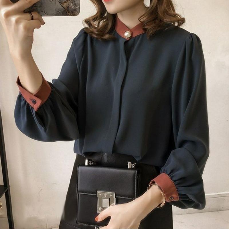 

Корейский простой стиль, воротник-стойка, контрастные цвета, уличные рубашки на пуговицах, повседневные модные свободные топы с рукавами-фонариками, блузки для женщин S синий