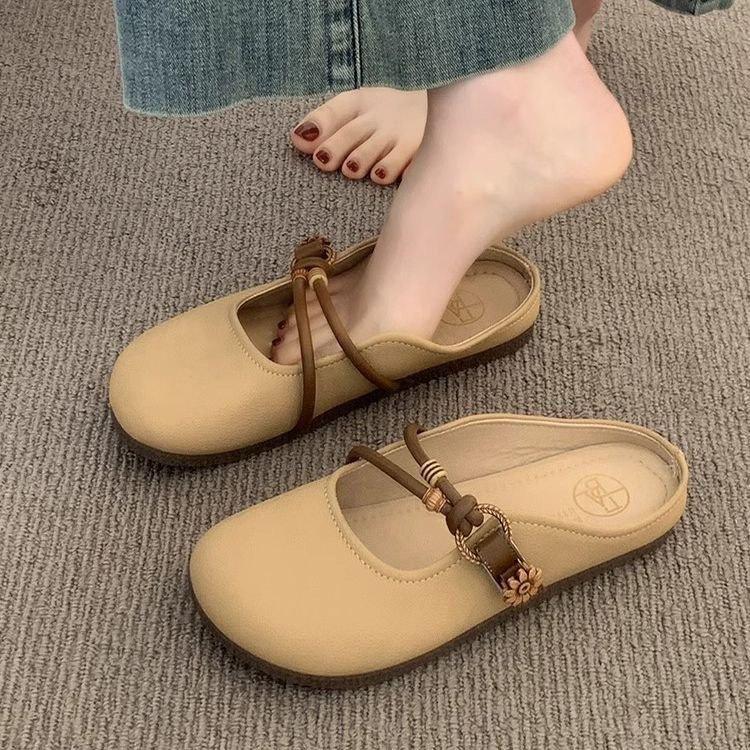 Baotou Half Slippers Women's Summer Wear 2025 New Super Fire Flat Bottom One Pedal Lazy Half Tray French Cool Slippers