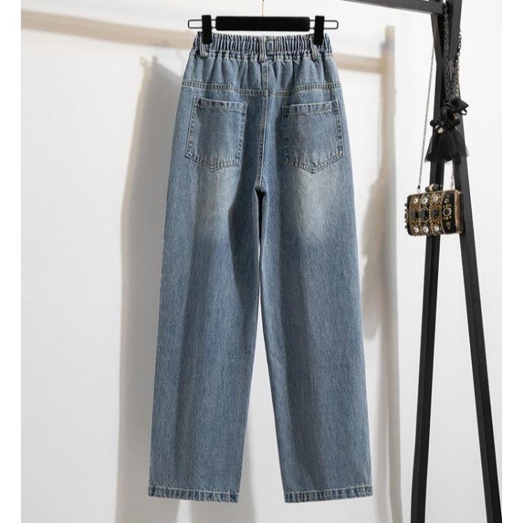 Women Autumn Loose Casual Denim Blue Wide Leg Pants Elastic Basic Trousers Plus Size Long Jeans