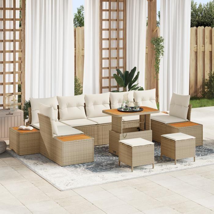 Ensemble de canapés de jardin 10 pièces avec coussins beige poly rattan acacia, Ensemble de salle à manger de jardin 3362901