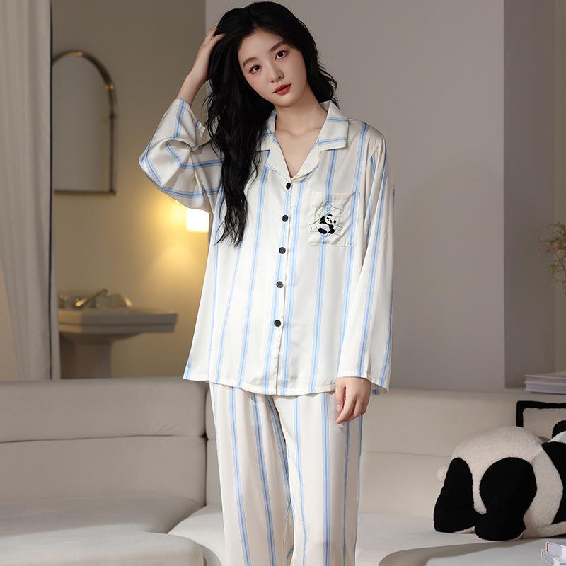 Ice silk pajamas women's 1011 new long-sleeved suit simple casual silk can be worn outside cool loungewear