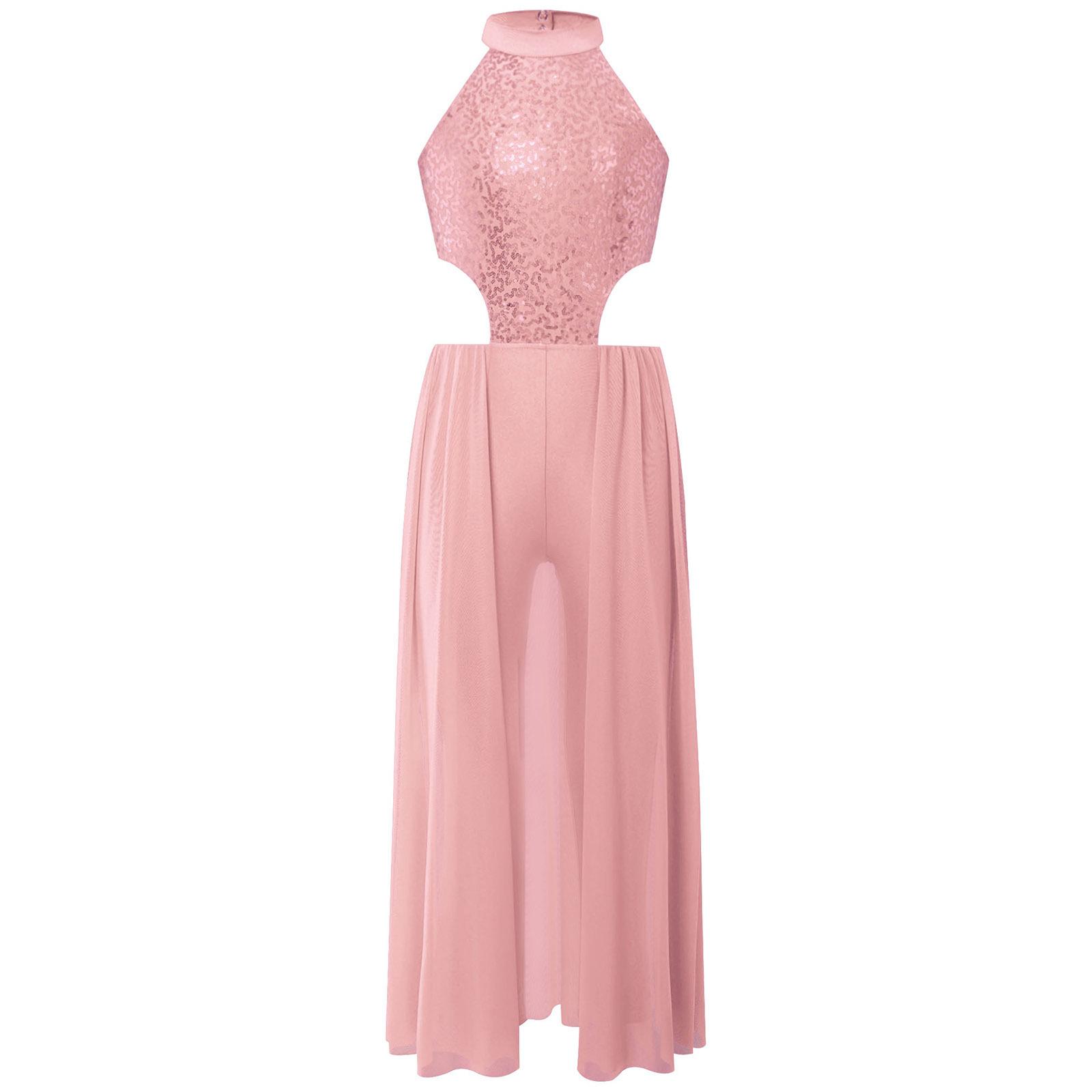 

Girls Shiny Sequins Halter Sleeveless Backless Skirted Jumpsuit Latin Dance Performance Costume 5-6 Years рожевий