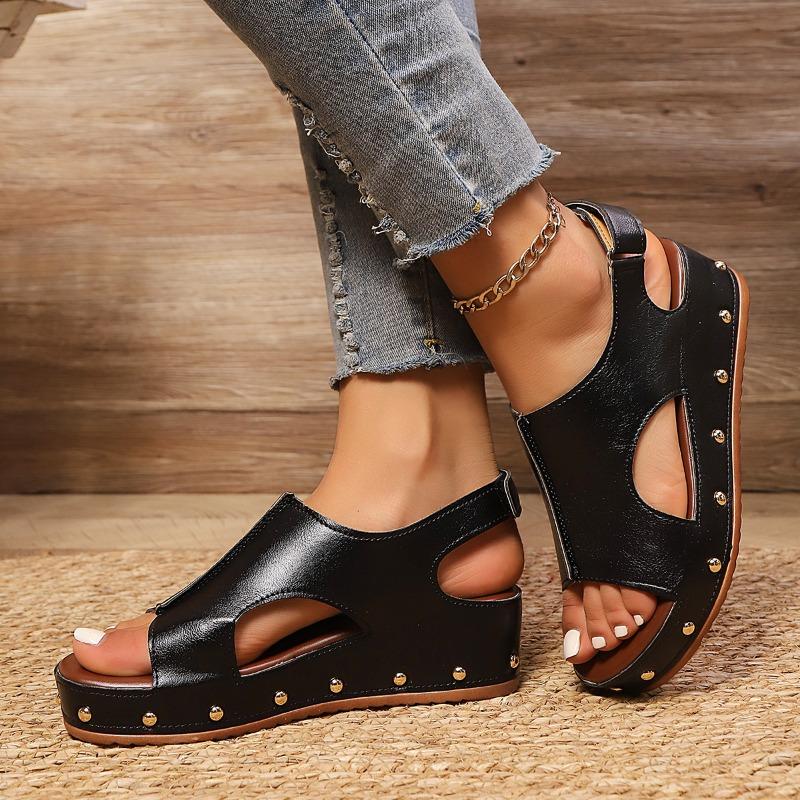 Summer new summer women's platform fish mouth sandals large size Velcro rivets muffin women's sandals