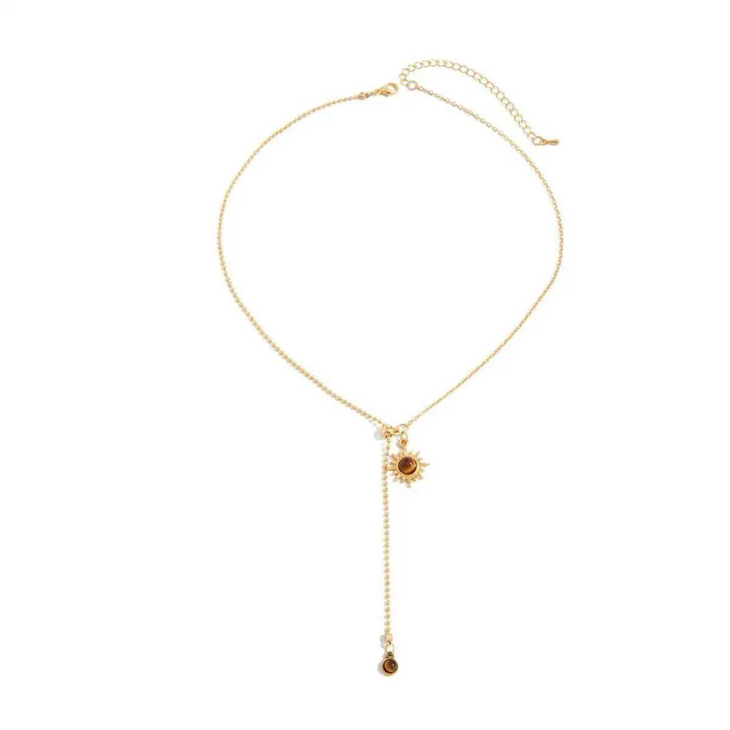 SHIXIN Exquisite Gold Color Sunflower Pendant Necklace for Women Vintage Brown Stone Long Tassel Clavicle Chain New Year Gifts