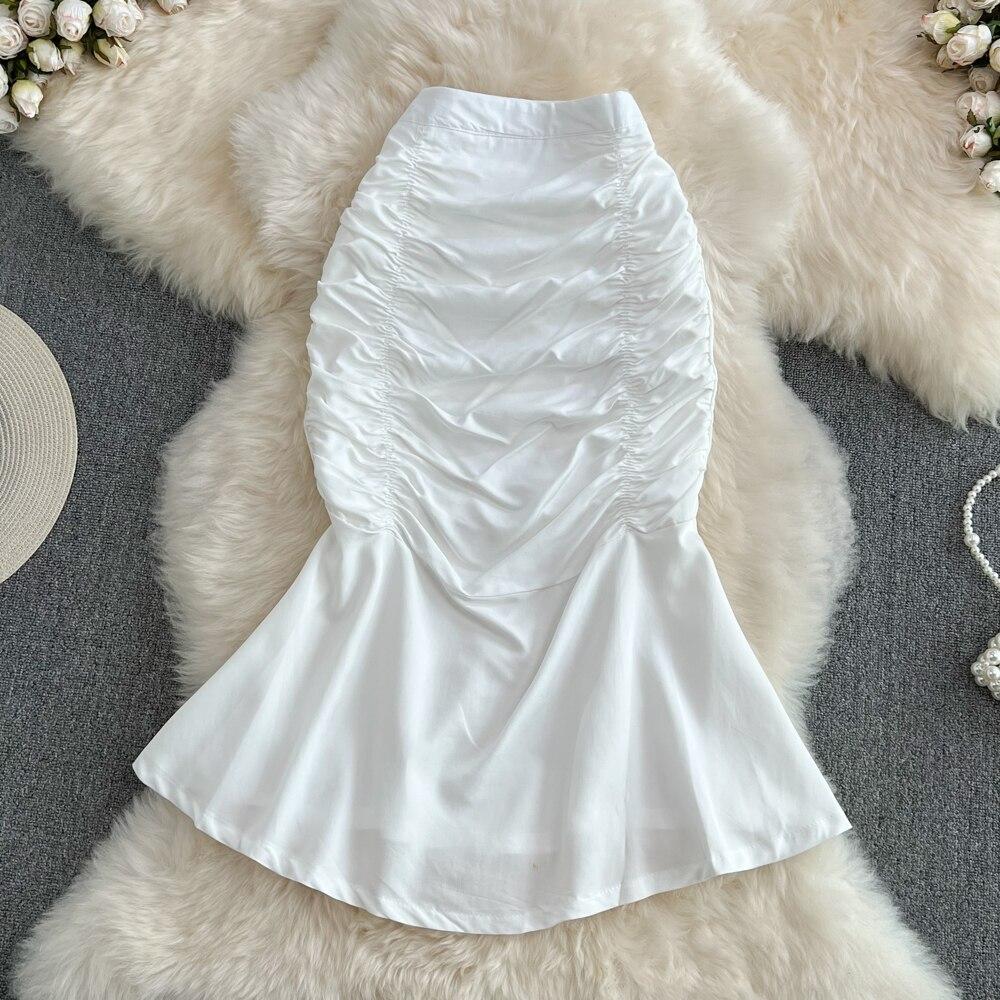 

Юбка «рыбий хвост», полуюбка, летняя, с высокой талией, А-силуэта, модная, мятая, асимметричная, средней длины, облегающая бедра S белый