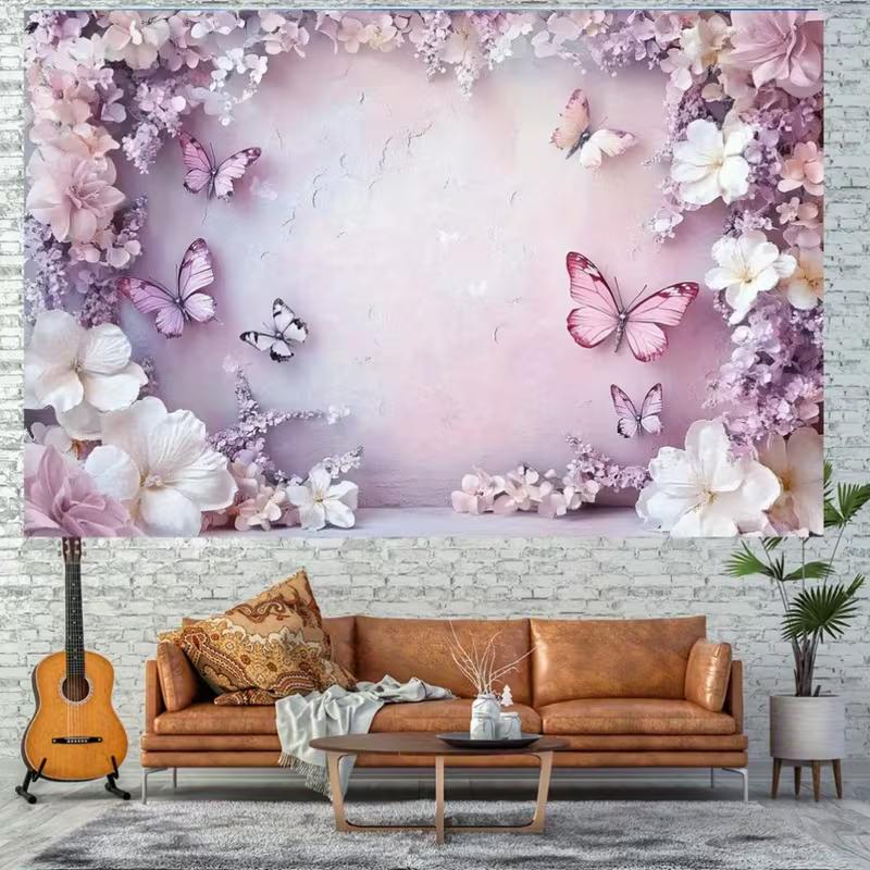 Boho Pink Floral Butterfly Tapestry Flower Wall Hanging Backdrop for Aesthetic Room Decor, Bridal Shower and Party
