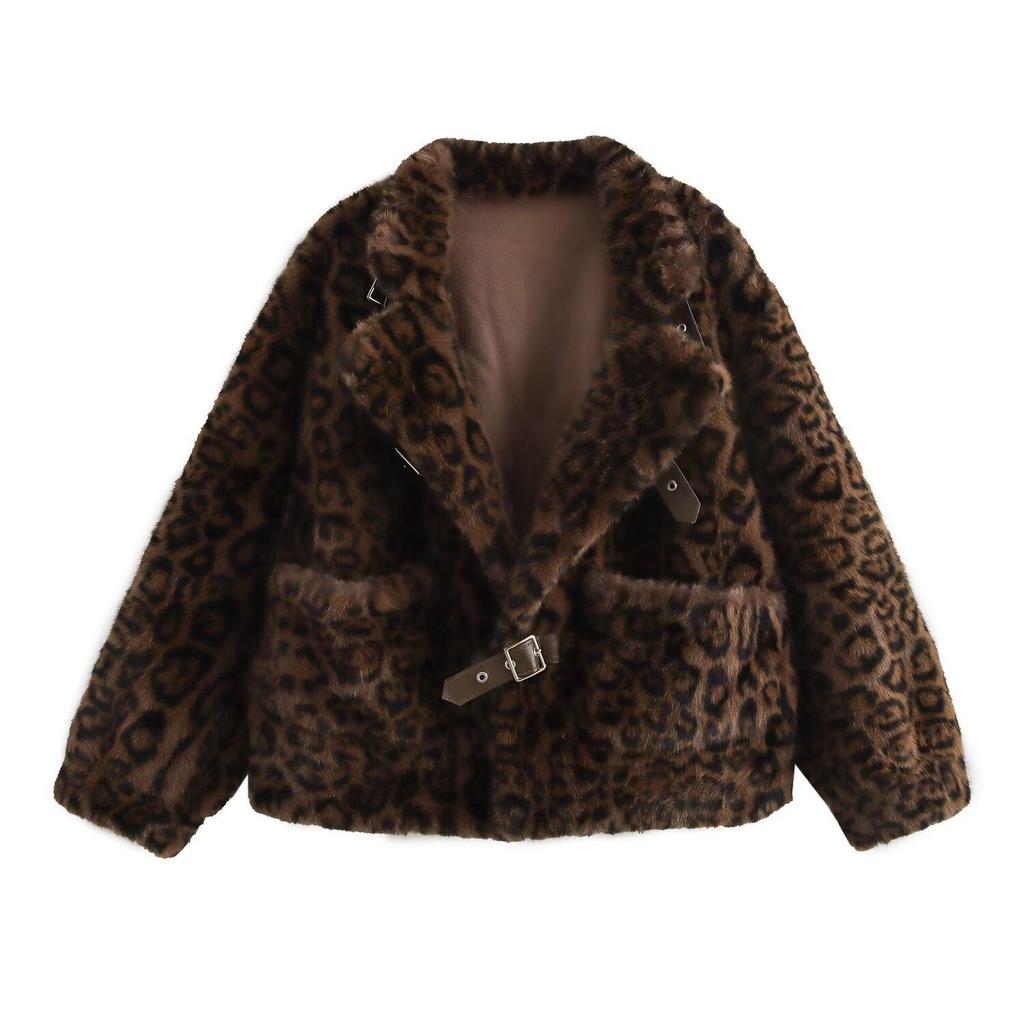2024 Autumn Women's European & American Style Leopard Print Faux Leather & Fur Jacket