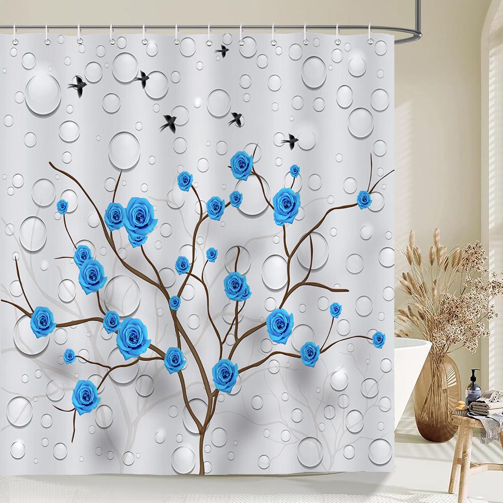Blue Rose Plant with Floral Bathroom Decoration Shower Curtain 180*180CM with Hooks