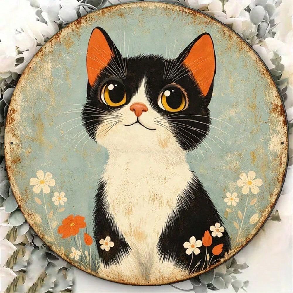 Vintage Black White Cat Floral Round Tin Sign 8x8in Cute Aesthetic Wall Art For Cafe Bar Bedroom Home Decor
