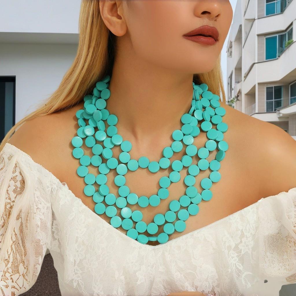 Collana multistrato bohémien geometrica con perline di legno per donna, stile spiaggia e vacanza
