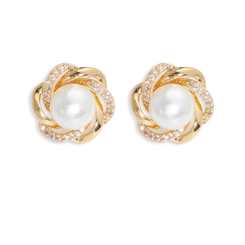 Copper Wrapped Faux Pearl & Cubic Zirconia Gold Stud Earrings for Women