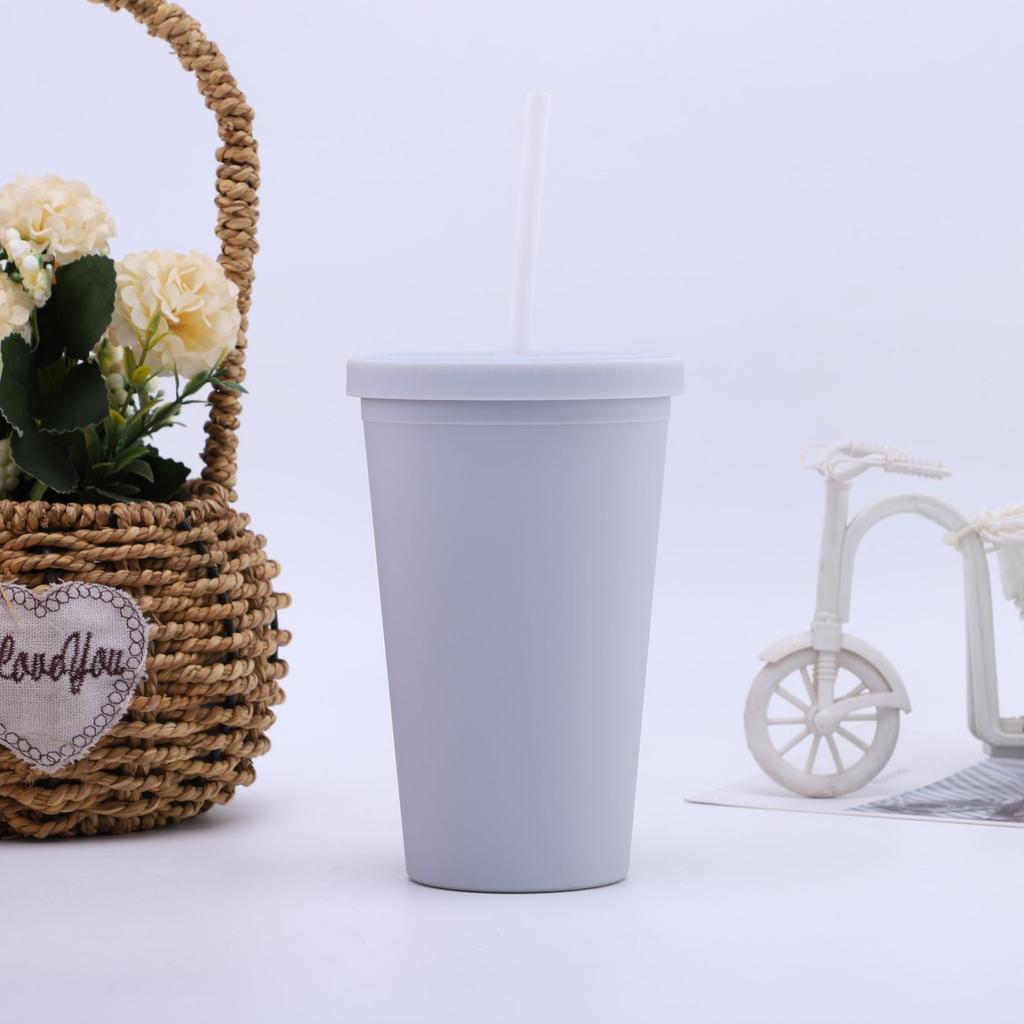 16/24 oz doppelwandiger Plastikbecher mit Strohhalm, Kaffeebecher, gefrosteter Plastikbecher, handlicher Wasserbecher, leicht zu tragen, Strohhalm, Wasserkocher, Sportflasche