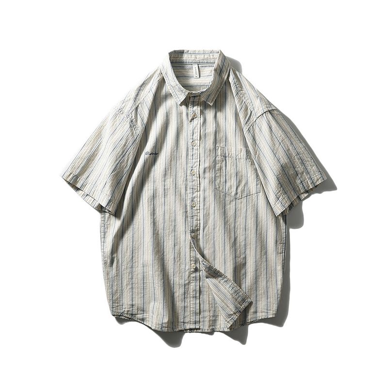 Vintage American Shirt Men Short Sleeve Stripes Summer Pure Cotton Retro Outwear Export Men's Casual Shirt