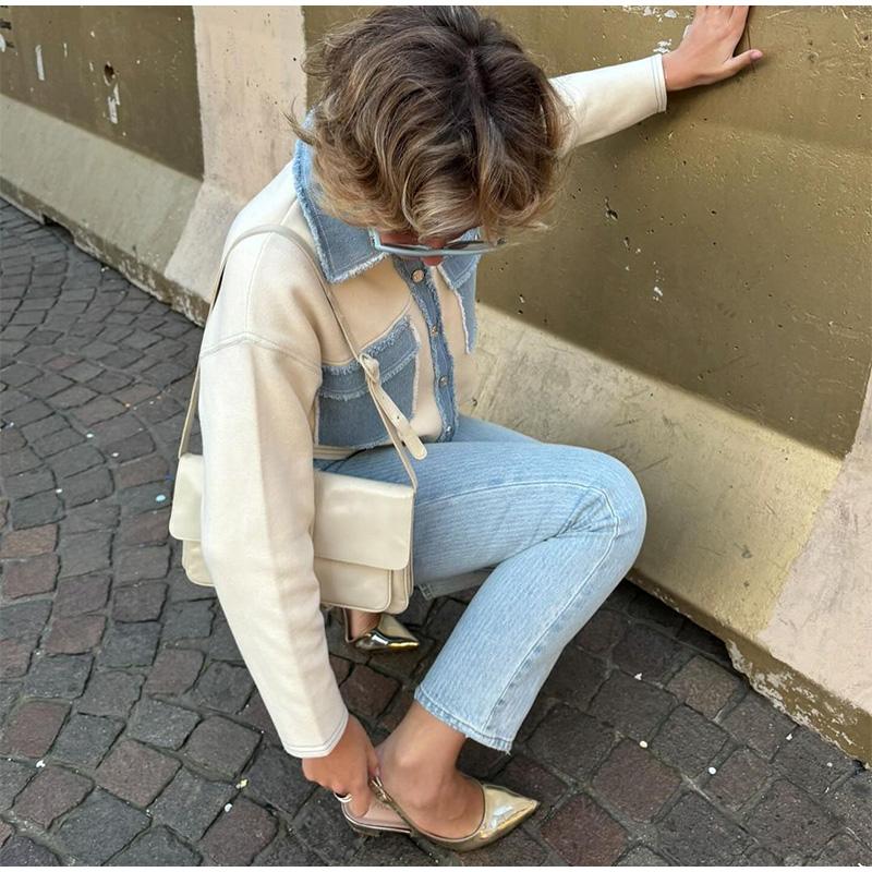 Y2k Women Denim Patchwork Jacket Coat Lapel Long Sleeves Jackets with Pockets Spring Casual Lady Denim Coats Designer Outwear Top