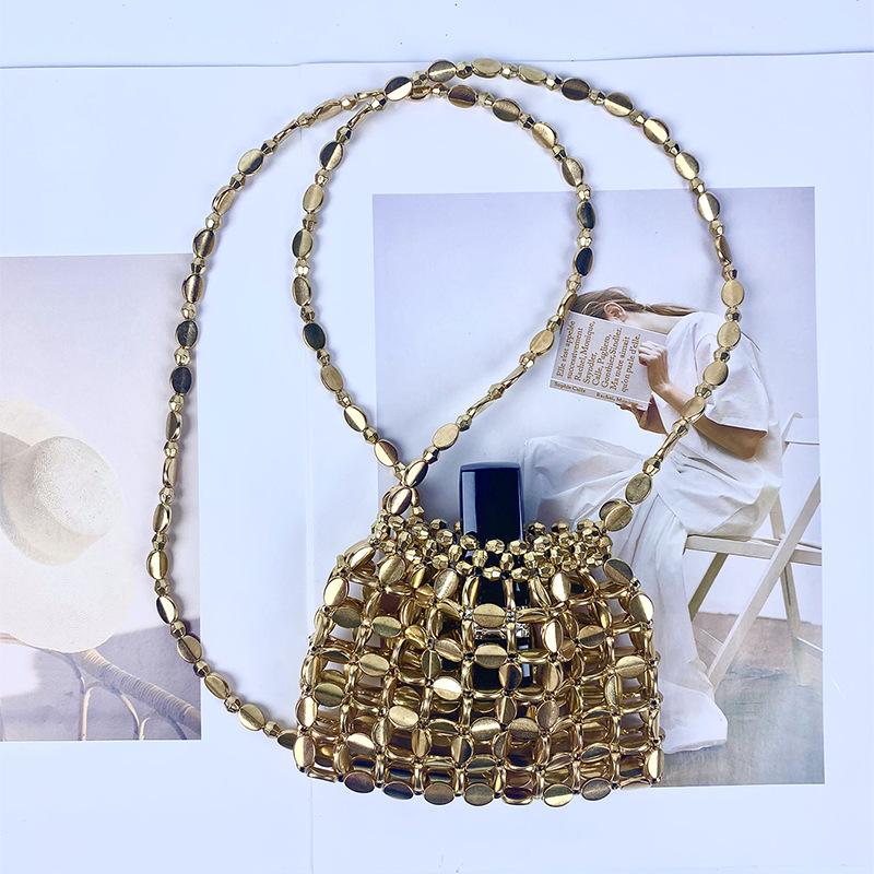 Women's Metallic Sequin Dumpling Bag, Handmade Beaded Woven Acrylic Crossbody Bag, Retro Shiny Shoulder Bag Phone Bag