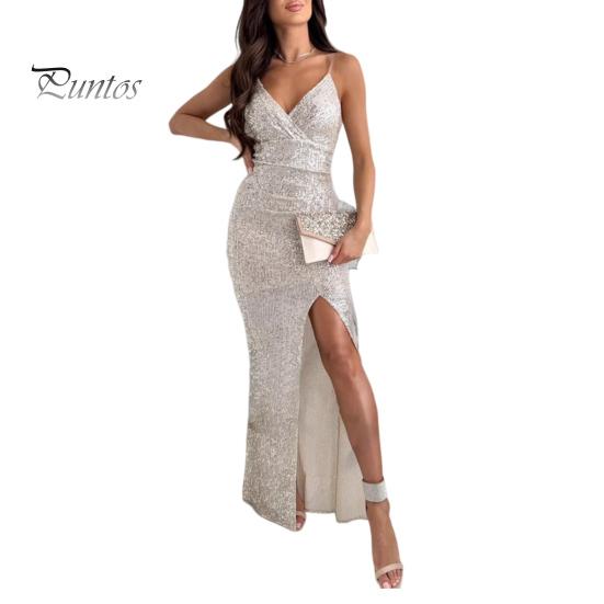 Lady Slip Dress V Neck Spaghetti Strap Backless Back Strapp Dress Zipper Closure Side Slit Sequin High Waist Maxi Dress for Wedding Birthday Party