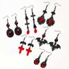 Elegant Gothic Renaissance Bat Cross Red Glass Earrings