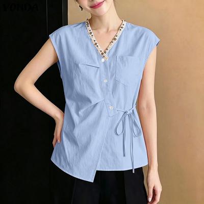 Summer Women V Neck Beading Hem Sleeveless Irregular Side Lacing Tank Tops
