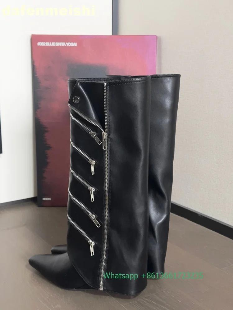 Pointed Zipper Decorated Shark Boots Women 2025 Summer New Side Zip Long Boots 6.5Cm Wedges Black Leather Knee-High Boots