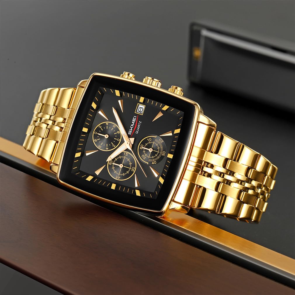 SKMEI Square Stylish Black Stainless Steel Arm Watch Waterproof Analog Business Casual Chronograph Big Face Watch Luxury Gift Gold Black Wach for Men