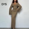 Women Dress U Neck Long Sleeve A Line Slim Fit Skinny Elastic Long Horn Sleeve Back Strap Lace Up Ankle Length Solid Color Maxi Dress