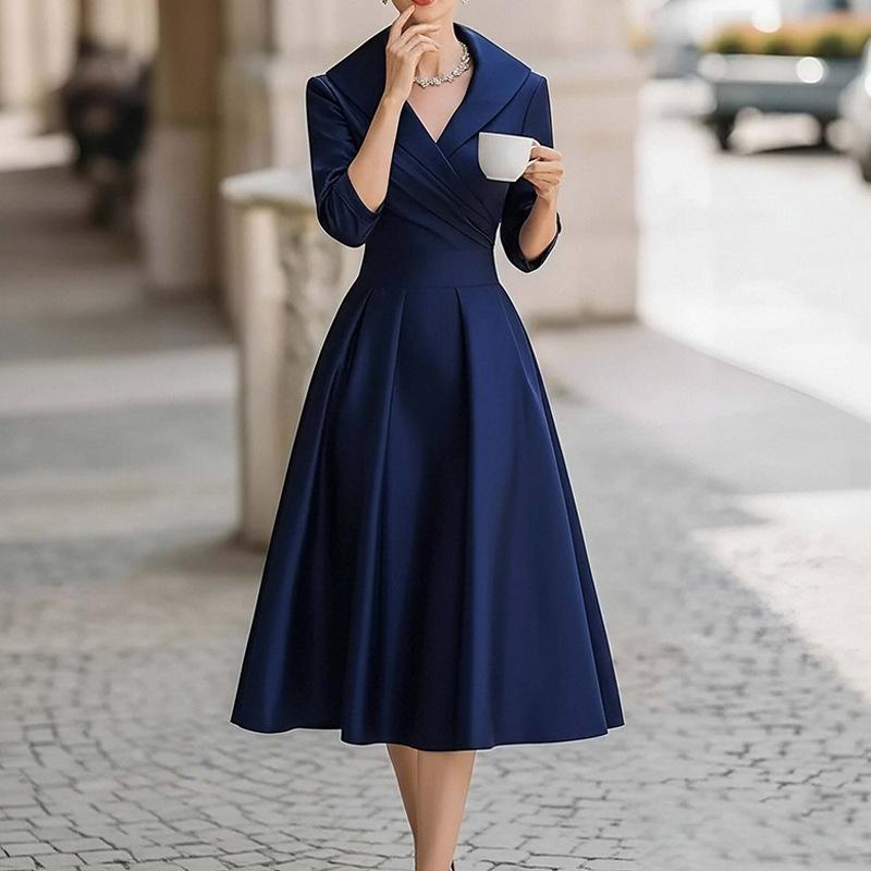 Nuovi modelli primavera 2026, abbigliamento da donna europeo e americano, abito elegante a tinta unita con scollo a V, vestito lungo, adatto per il lavoro