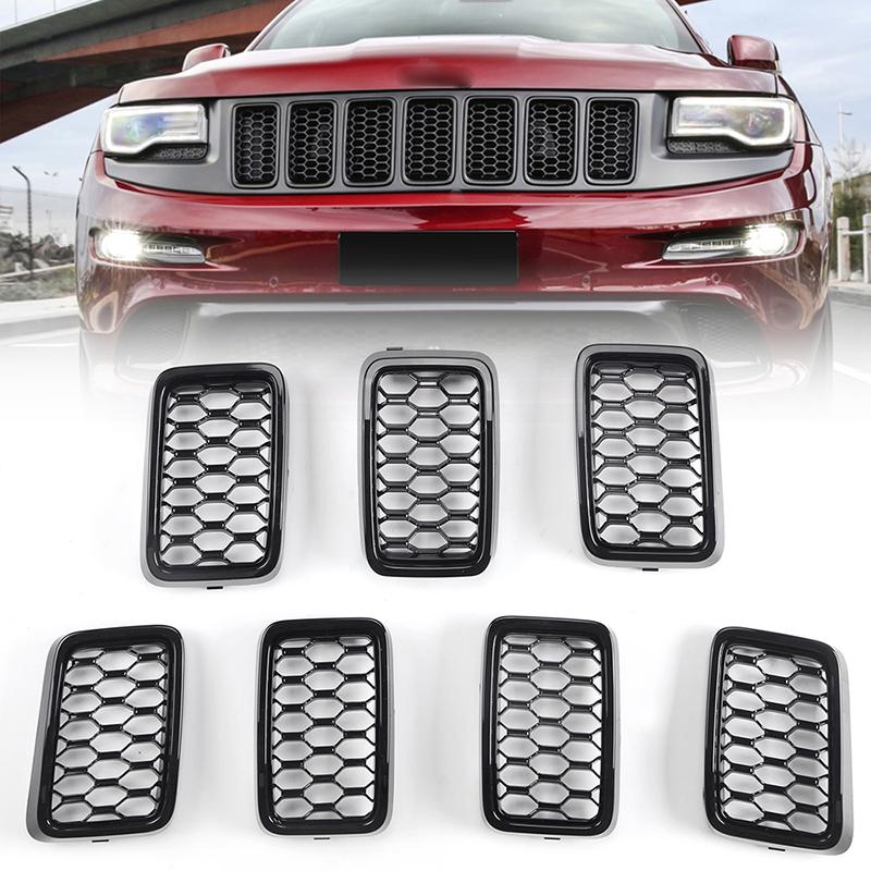 1 Set Black Car Front Bumper Insert Mesh Grille Front Radiator Inlet Grill Trim Cover Fit For Jeep Grand Cherokee 2017-2022 7pcs