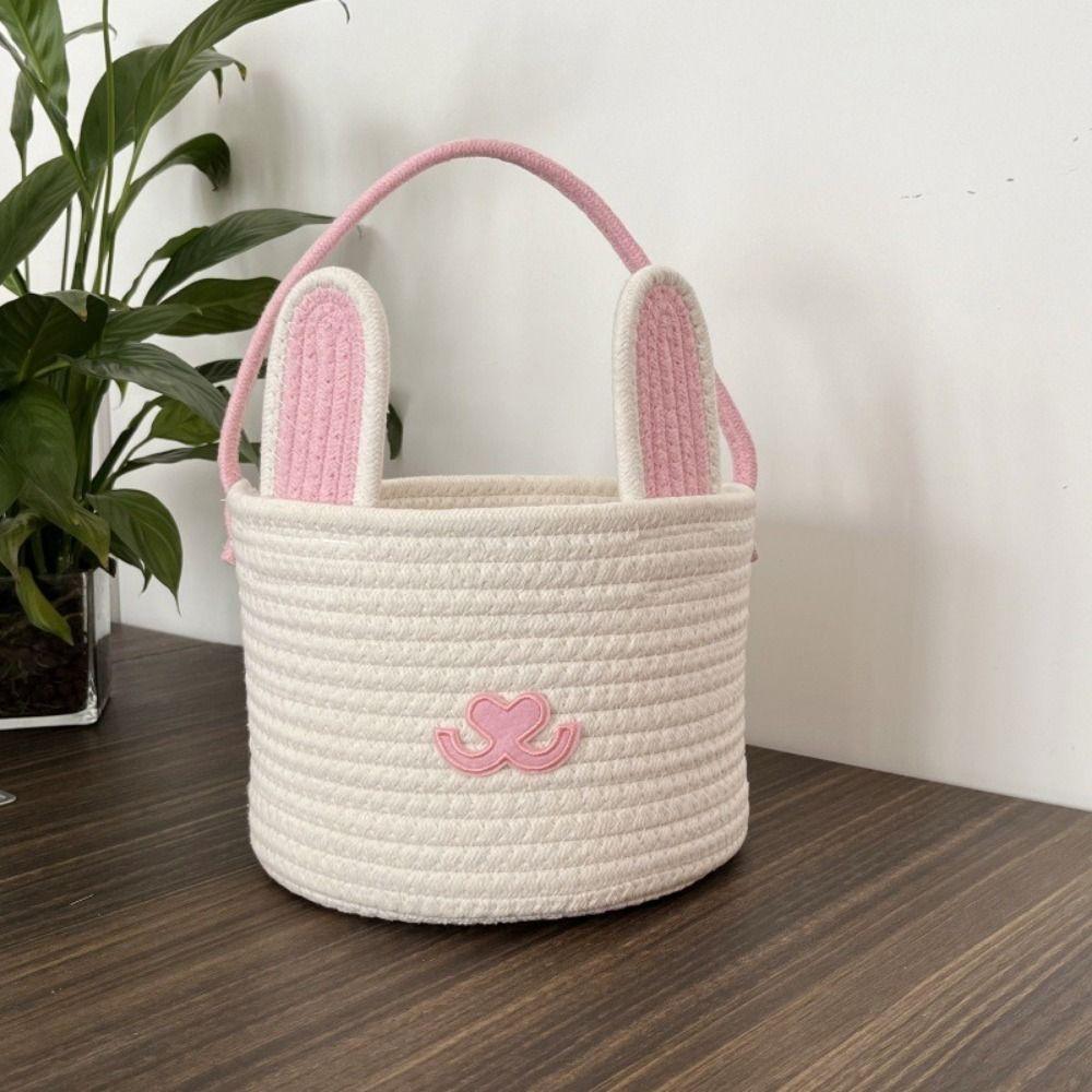 Cotton Rope Easter Egg Basket Handwoven Cartoon Snacks Candy Storage Basket Handled with Rabbit Ears Candy Gift Bag Egg Hunt