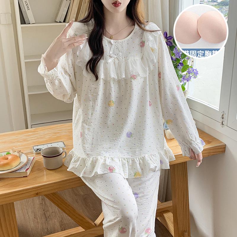 Women's Princess Style Cotton Pajama Set with Padded Bust - Lace Trim Long Sleeve for Spring/Autumn